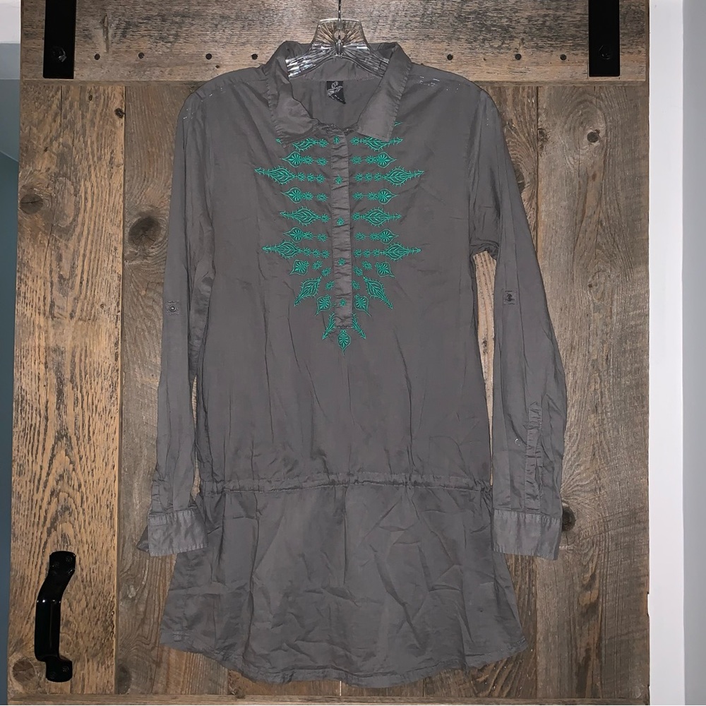 Womens S PRANA Gray Green Embroidered Drop Waist Tunic Top Drawstring Tab Sleeve